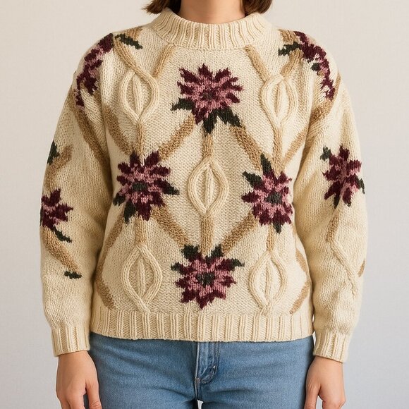 Elegant Cream Floral Turtleneck Sweater - Picture 15 of 15